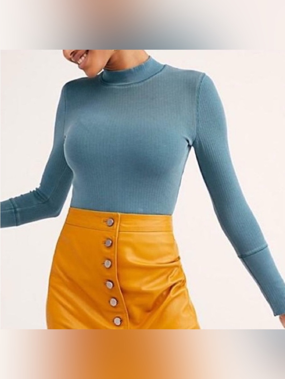 Free People Intimately Ribbed Mock Neck Top L Blue Long Sleeve Boho